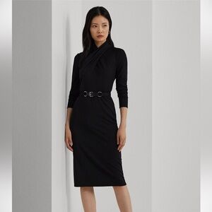 Ralph Lauren Black Belted Mockneck Midi Dress Size 12 NWT